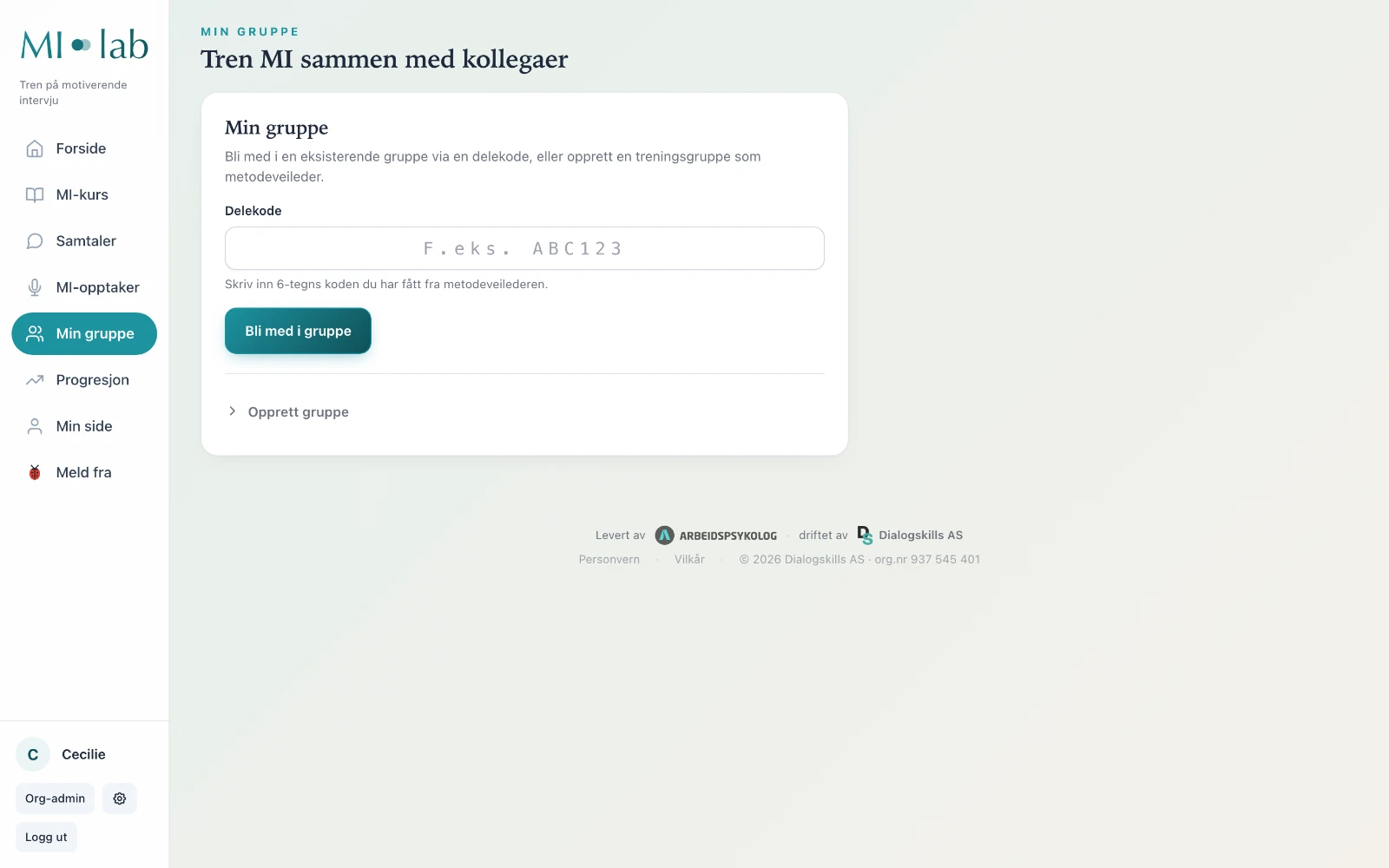 Min gruppe: metodeveileder setter sammen en treningsøkt for kollegaer, med aktiv økt og MI-mentor