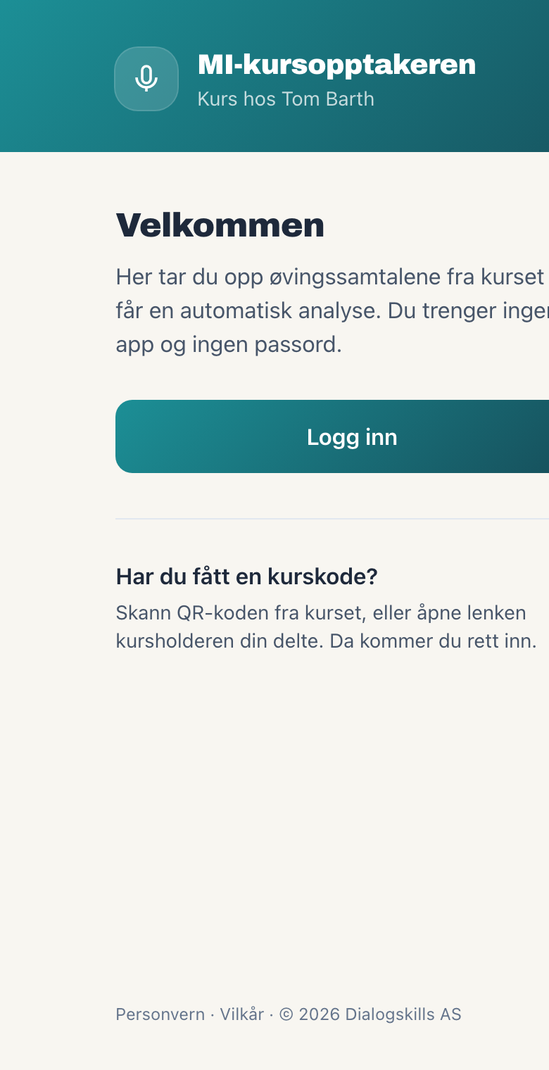 Mobil: velkommen til kurset, skriv inn e-post for engangskode