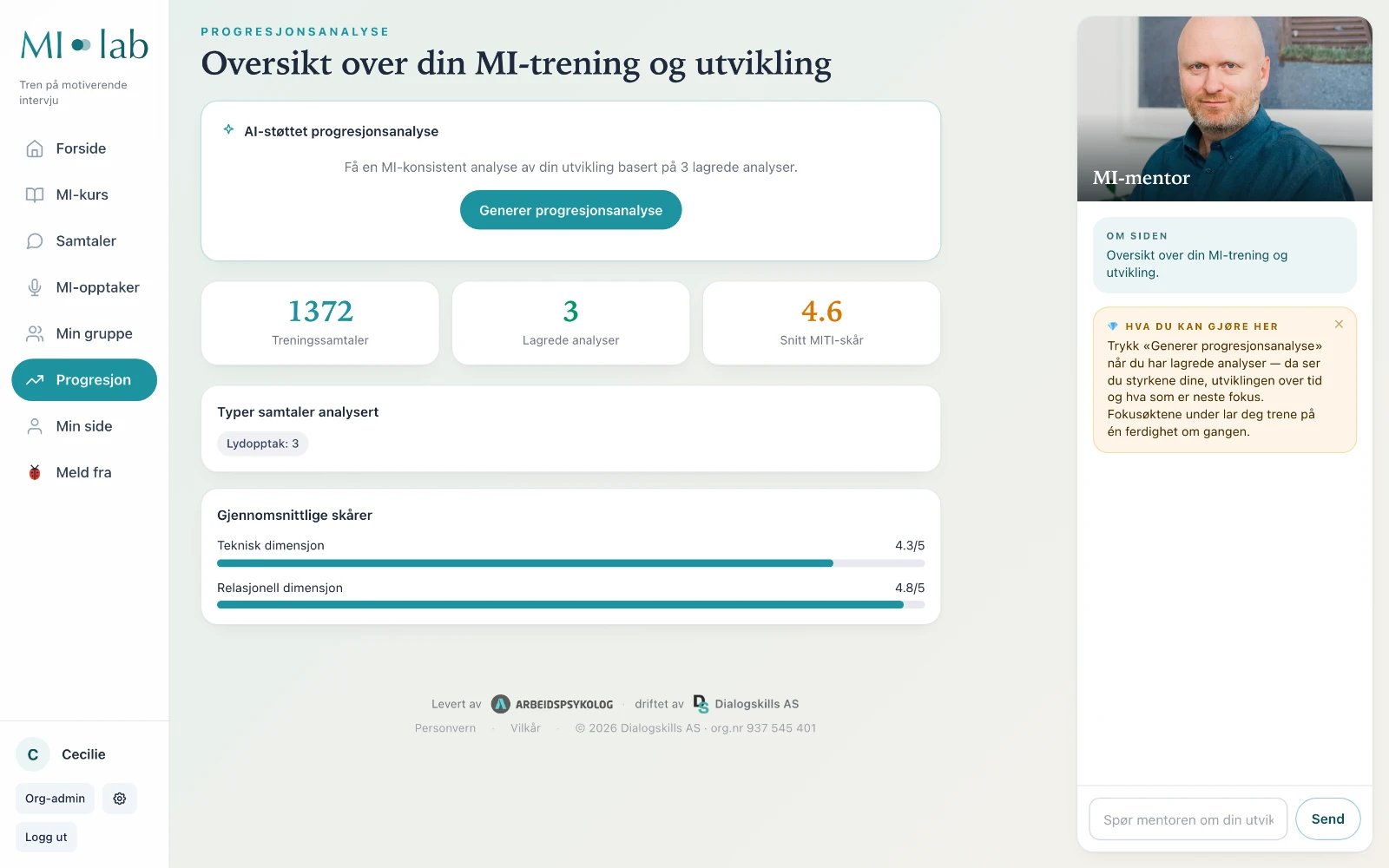 Progresjonsanalyse: MITI-skårer, utvikling over tid og fokusområder